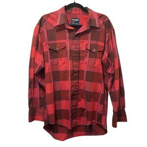 Wrangler Plaid Cowboy Cut Button Down Shirt Red Pink Sz 16.5 -34 Pearl Snaps